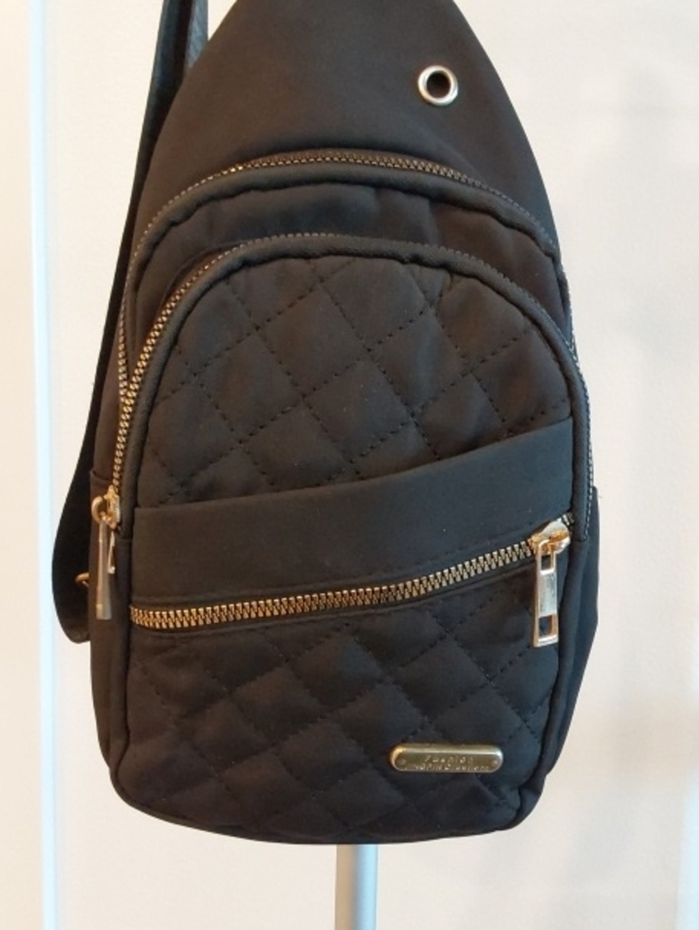 Women's Black Quilted Crossbody Sling Bag with Gold Accents